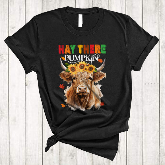 MacnyStore - Hay There Pumkin, Cute Vintage Thanksgiving Highland Cow Sunflower, Autumn Fall Leaf T-Shirt