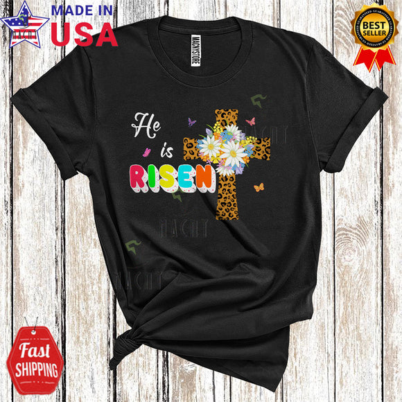 MacnyStore - He Is Risen Cool Cute Easter Day Bunny Flowers Christian Leopard Cross Family T-Shirt