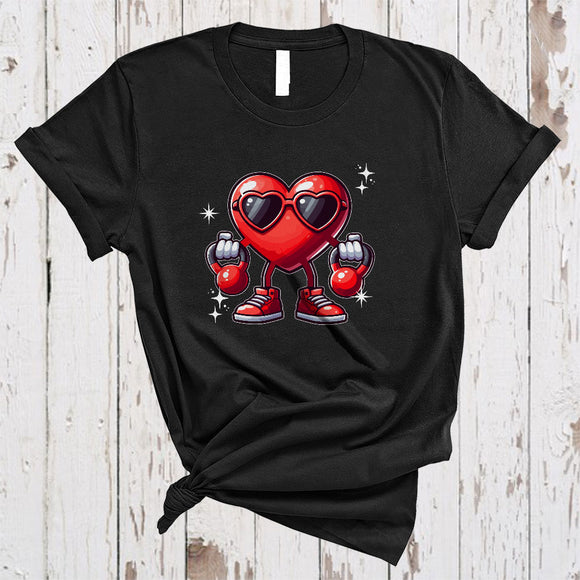 MacnyStore - Heart Kettlebell, Cheerful Valentine's Day Heart Wearing Sunglasses, Fitness Gym Workout T-Shirt