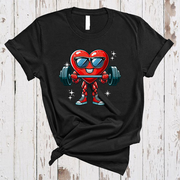 MacnyStore - Heart Weightlifting, Cheerful Valentine's Day Heart Wearing Sunglasses, Fitness Gym Workout T-Shirt