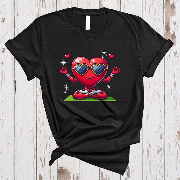MacnyStore - Heart Yoga, Cheerful Valentine's Day Heart Wearing Sunglasses, Fitness Yoga Workout T-Shirt