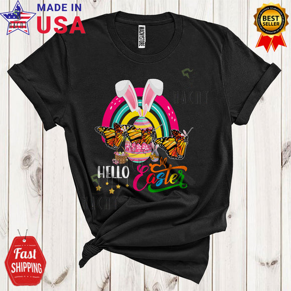 MacnyStore - Hello Easter Cute Cool Easter Day Three Butterflies In Easter Egg Bunny Rainbow Insect Animal Lover T-Shirt