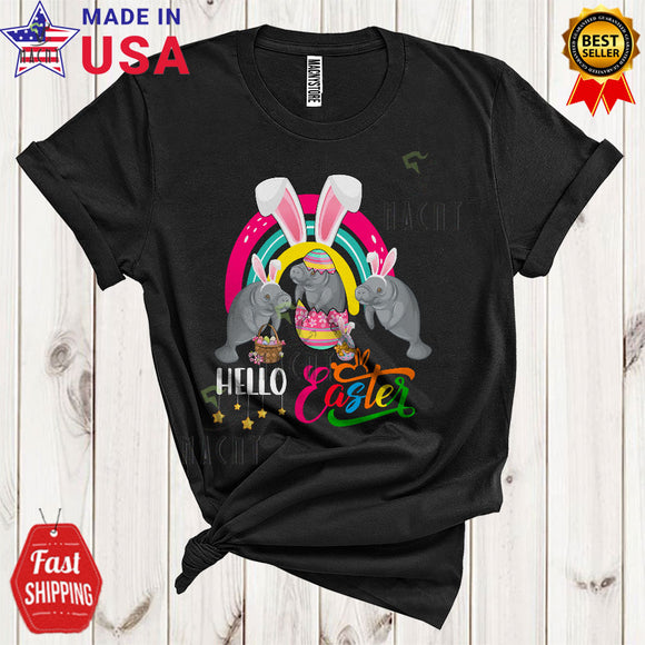 MacnyStore - Hello Easter Cute Cool Easter Day Three Manatees In Easter Egg Bunny Rainbow Wild Animal Lover T-Shirt
