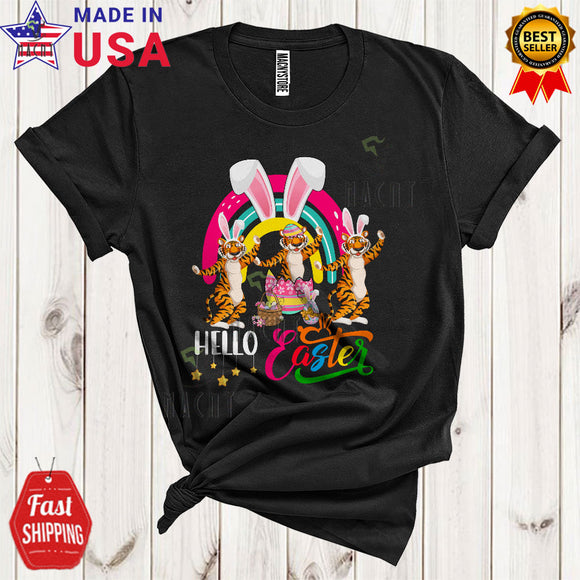 MacnyStore - Hello Easter Cute Cool Easter Day Three Tigers In Easter Egg Bunny Rainbow Wild Animal Lover T-Shirt