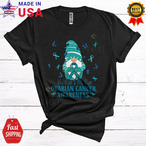 MacnyStore - Her Fight Is My Fight Cool Cute Ovarian Cancer Awareness Cute Gnome Holding Blue Ribbon Butterfly T-Shirt
