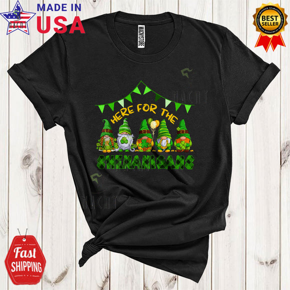 MacnyStore - Here For Shenanigans Funny Matching St Patrick's Day Plaid Five Gnomes Holding Shamrock Horseshoe T-Shirt