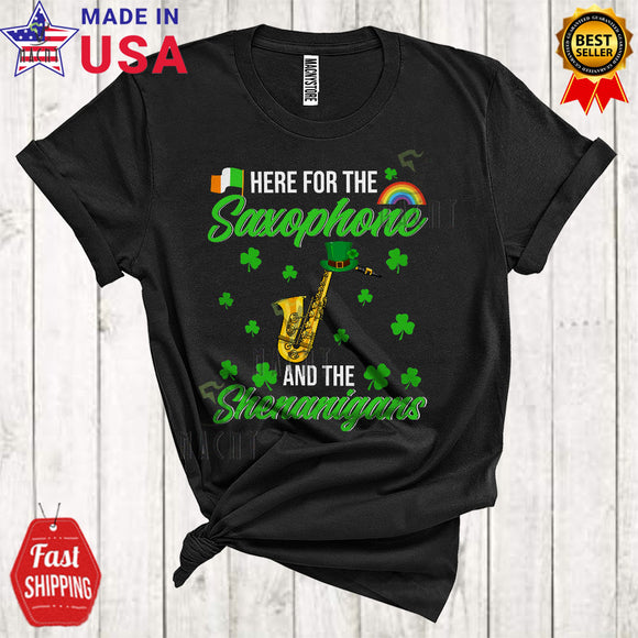 MacnyStore - Here For The Saxophone And The Shenanigans Cute Cool St. Patrick's Day Leprechaun Musical Instruments T-Shirt