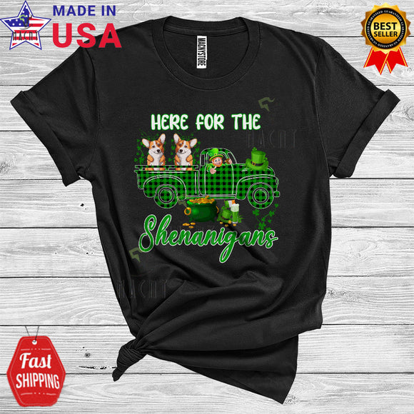 MacnyStore - Here For The Shenanigans Cool St. Patrick's Day Leprechaun Riding Green Plaid Pickup Truck Corgi T-Shirt