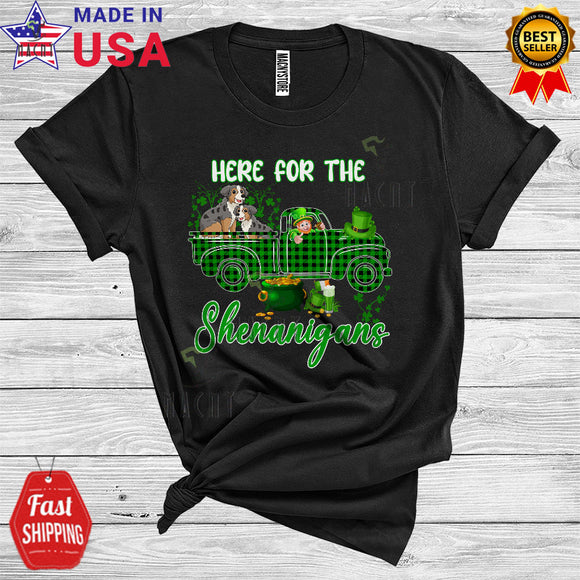 MacnyStore - Here For The Shenanigans Cool St. Patrick's Day Leprechaun Riding Plaid Pickup Australian Shepherd T-Shirt
