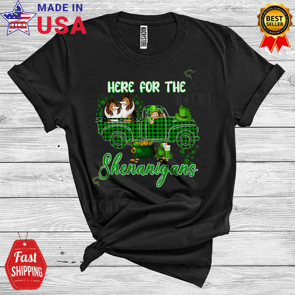 MacnyStore - Here For The Shenanigans Cool St. Patrick's Day Leprechaun Riding Plaid Pickup Shetland Sheepdog T-Shirt