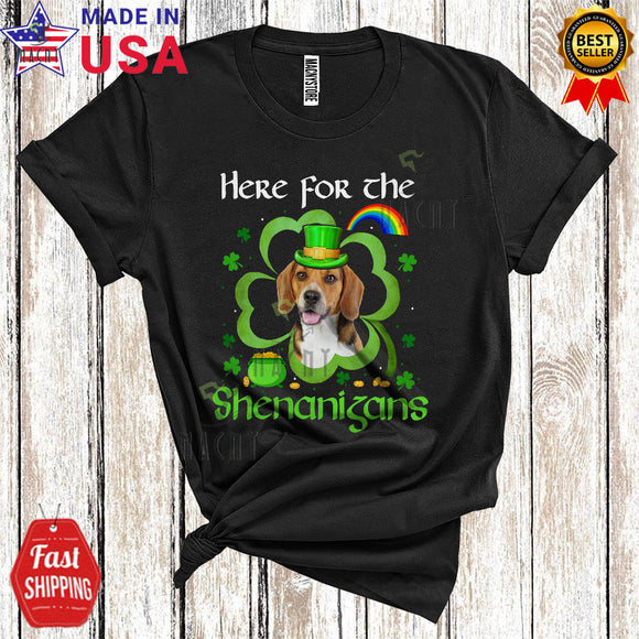 MacnyStore - Here For The Shenanigans Cool St. Patrick's Day Shamrock Shape Leprechaun Beagle Rainbow T-Shirt