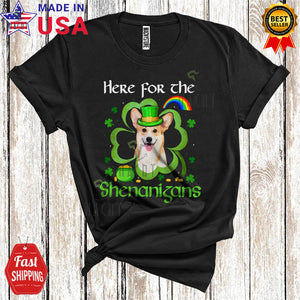 MacnyStore - Here For The Shenanigans Cool St. Patrick's Day Shamrock Shape Leprechaun Corgi Rainbow T-Shirt