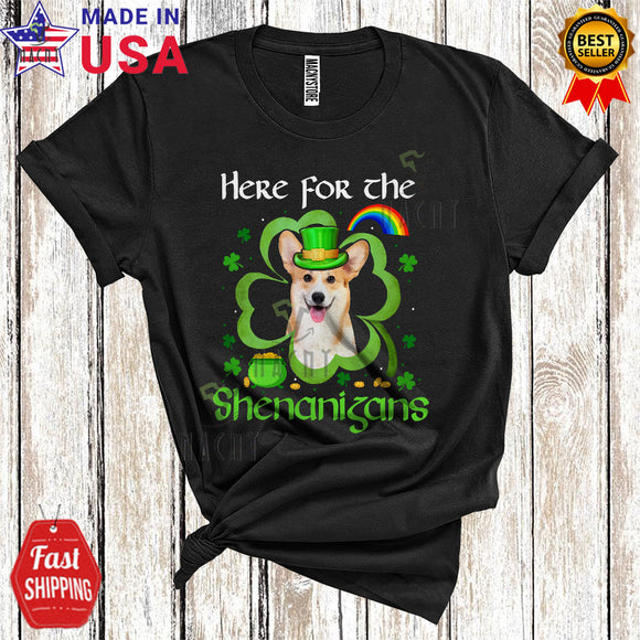 MacnyStore - Here For The Shenanigans Cool St. Patrick's Day Shamrock Shape Leprechaun Corgi Rainbow T-Shirt