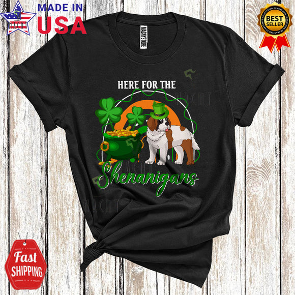MacnyStore - Here For The Shenanigans Cute Cool St. Patrick's Day Shamrocks Rainbow Leprechaun St. Bernard Lover T-Shirt