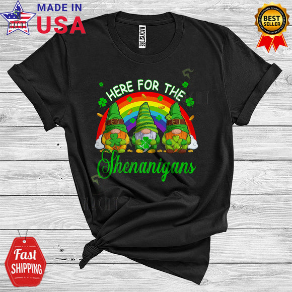 MacnyStore - Here For The Shenanigans Funny Cool St. Patrick's Day Rainbow Shamrock Three Gnomes Squad Lover T-Shirt