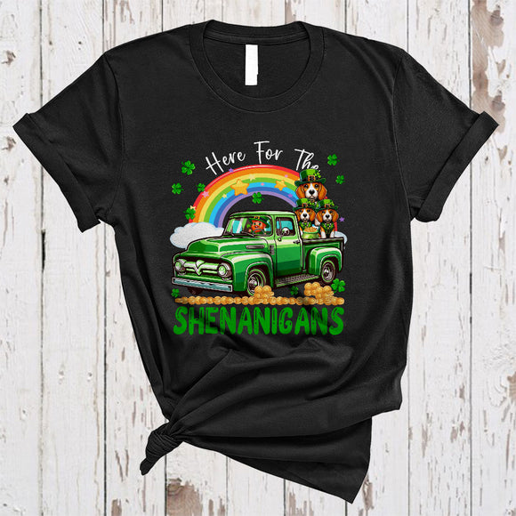 MacnyStore - Here For The Shenanigans, Awesome St. Patrick's Day Beagle On Pickup Truck, Irish Rainbow T-Shirt