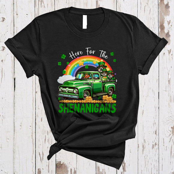 MacnyStore - Here For The Shenanigans, Awesome St. Patrick's Day Bulldog On Pickup Truck, Irish Rainbow T-Shirt
