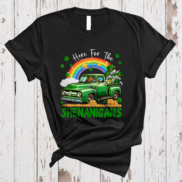 MacnyStore - Here For The Shenanigans, Awesome St. Patrick's Day Cat On Pickup Truck, Irish Rainbow T-Shirt