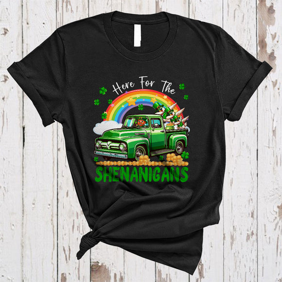 MacnyStore - Here For The Shenanigans, Awesome St. Patrick's Day Chicken On Pickup Truck, Irish Rainbow T-Shirt