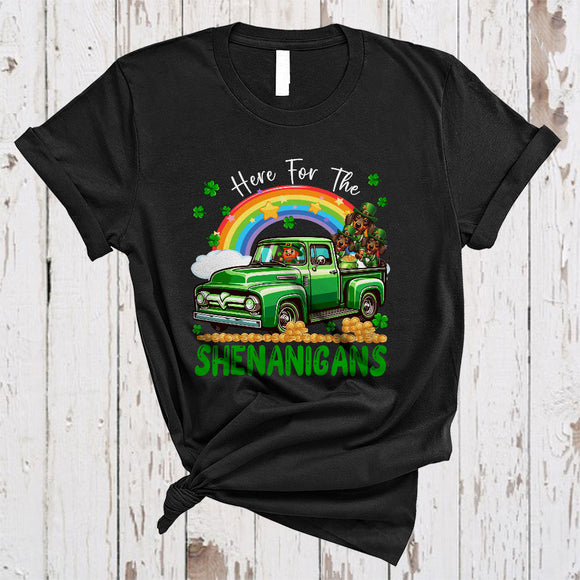 MacnyStore - Here For The Shenanigans, Awesome St. Patrick's Day Dachshund On Pickup Truck, Irish Rainbow T-Shirt