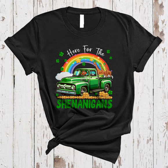 MacnyStore - Here For The Shenanigans, Awesome St. Patrick's Day Giraffe On Pickup Truck, Irish Rainbow T-Shirt