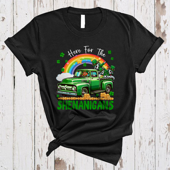 MacnyStore - Here For The Shenanigans, Awesome St. Patrick's Day Goat On Pickup Truck, Irish Rainbow T-Shirt