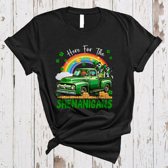 MacnyStore - Here For The Shenanigans, Awesome St. Patrick's Day Panda On Pickup Truck, Irish Rainbow T-Shirt