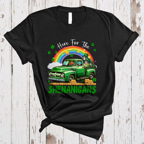 MacnyStore - Here For The Shenanigans, Awesome St. Patrick's Day Pit Bull On Pickup Truck, Irish Rainbow T-Shirt