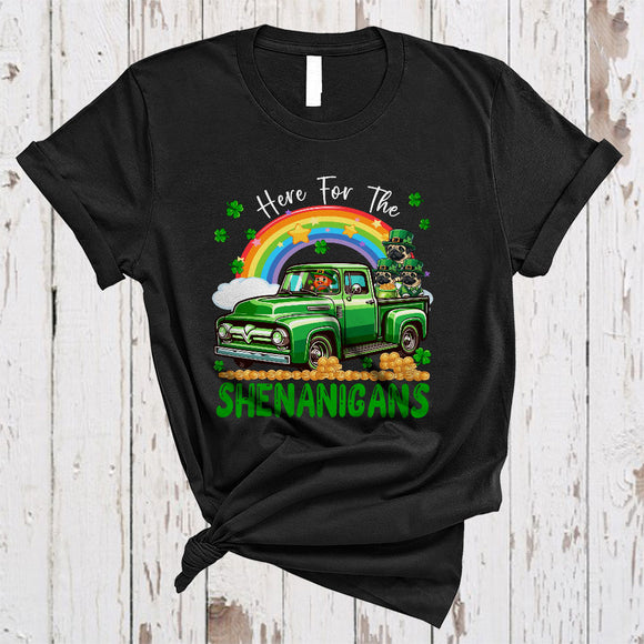 MacnyStore - Here For The Shenanigans, Awesome St. Patrick's Day Pug On Pickup Truck, Irish Rainbow T-Shirt