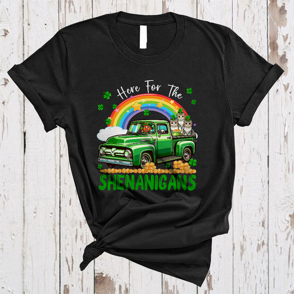 MacnyStore - Here For The Shenanigans, Awesome St. Patrick's Day Scottish Fold Cat On Pickup Truck, Rainbow T-Shirt