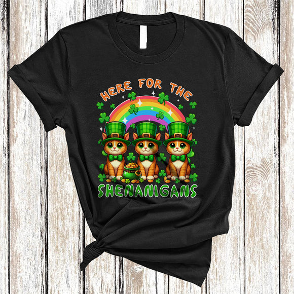 MacnyStore - Here For The Shenanigans, Cheerful St. Patrick's Day Three Green Cats, Rainbow Shamrock T-Shirt