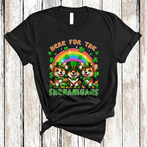MacnyStore - Here For The Shenanigans, Cheerful St. Patrick's Day Three Green Corgis, Rainbow Shamrock T-Shirt