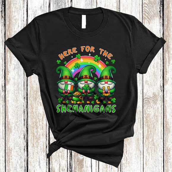 MacnyStore - Here For The Shenanigans, Cheerful St. Patrick's Day Three Green Gnomes, Rainbow Shamrock T-Shirt