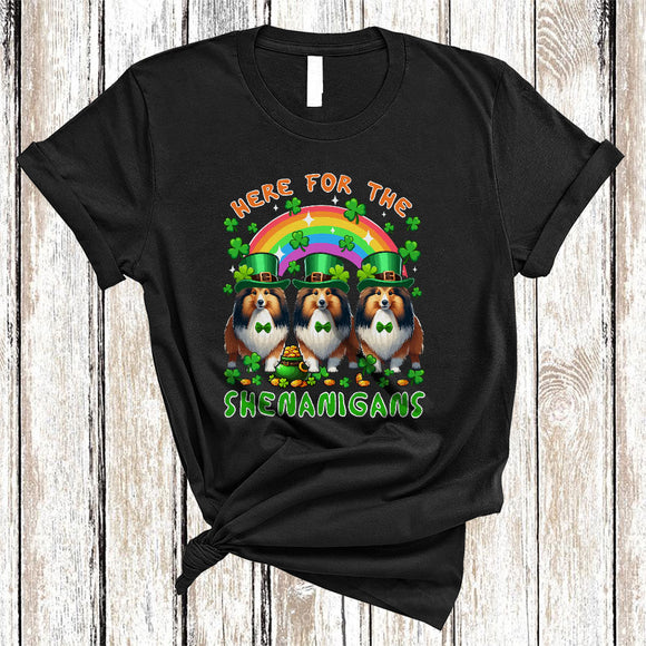 MacnyStore - Here For The Shenanigans, Cheerful St. Patrick's Day Three Green Shetland Sheepdogs, Rainbow Shamrock T-Shirt