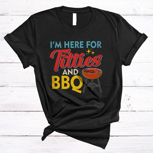 MacnyStore - Here For Titties And BBQ, Humorous Vintage, Sarcastic Eating Lover Matching Team T-Shirt