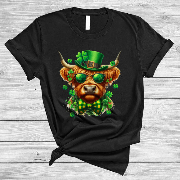 MacnyStore - Highland Cow Wearing Sunglasses, Adorable St. Patrick's Day Highland Cow, Irish Shamrock T-Shirt