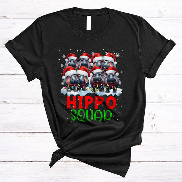 MacnyStore - Hippo Squad, Lovely Awesome Christmas Group Santa Hippo, X-mas Lights Snow Around T-Shirt