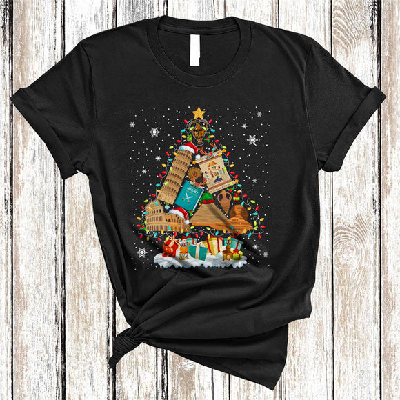 MacnyStore - History Tools As Christmas Tree, Colorful Merry X-mas Lights History Teacher, Snow X-mas Group T-Shirt