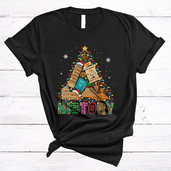 MacnyStore - History, Colorful Leopard Plaid Christmas Lights Tree, Matching History Teacher Tools Lover T-Shirt