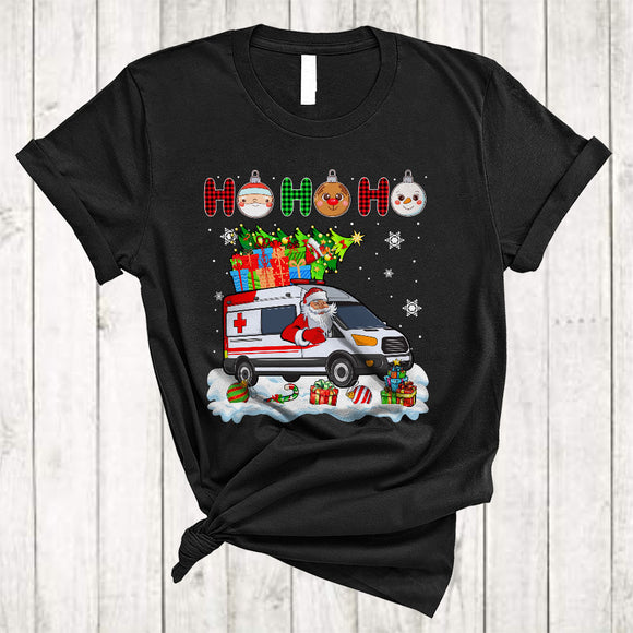 MacnyStore - Ho Ho Ho, Plaid Joyful Christmas Santa Driving Ambulance Driver, Matching X-mas Group T-Shirt