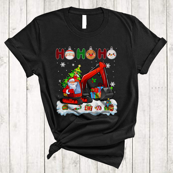 MacnyStore - Ho Ho Ho, Plaid Joyful Christmas Santa Driving Excavator Driver, Matching X-mas Group T-Shirt