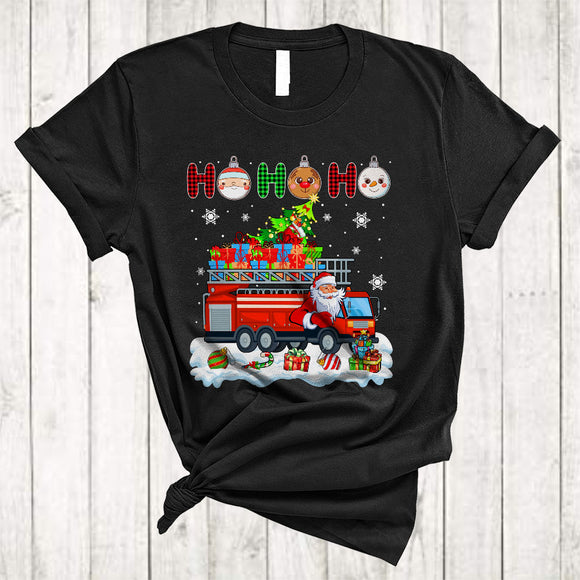 MacnyStore - Ho Ho Ho, Plaid Joyful Christmas Santa Driving Fire Truck Driver, Matching X-mas Group T-Shirt