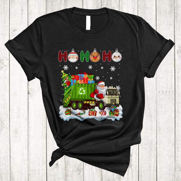 MacnyStore - Ho Ho Ho, Plaid Joyful Christmas Santa Driving Garbage Truck Driver, Matching X-mas Group T-Shirt