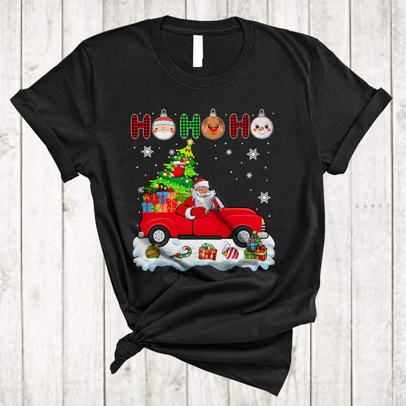MacnyStore - Ho Ho Ho, Plaid Joyful Christmas Santa Driving Pickup Truck Driver, Matching X-mas Group T-Shirt