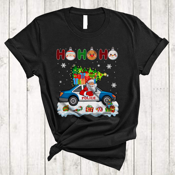 MacnyStore - Ho Ho Ho, Plaid Joyful Christmas Santa Driving Police Car Driver, Matching X-mas Group T-Shirt