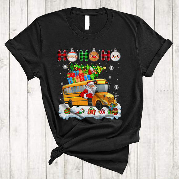 MacnyStore - Ho Ho Ho, Plaid Joyful Christmas Santa Driving School Bus Driver, Matching X-mas Group T-Shirt