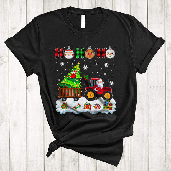 MacnyStore - Ho Ho Ho, Plaid Joyful Christmas Santa Driving Tractor Driver, Matching X-mas Group T-Shirt