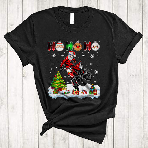 MacnyStore - Ho Ho Ho, Plaid Joyful Christmas Santa Riding Dirt Bike Motorcycle, Matching X-mas Biker Group T-Shirt