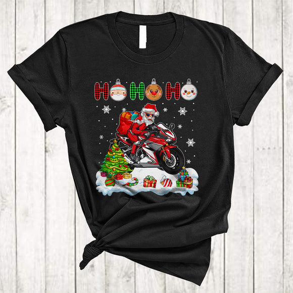 MacnyStore - Ho Ho Ho, Plaid Joyful Christmas Santa Riding Motorbike Motorcycle, Matching X-mas Biker Group T-Shirt