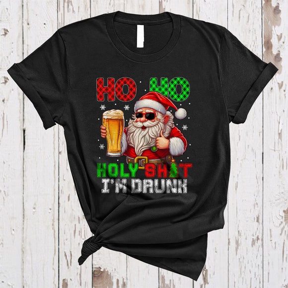 MacnyStore - Ho Ho Holy Sh*t I'm Drunk, Funny Plaid Christmas Santa Drinking Beer, Snow Drunk X-mas Group T-Shirt